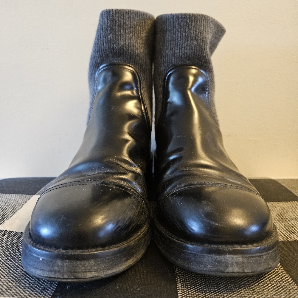 J. Crew Black Leather Boots with Gray Knit Cuffs